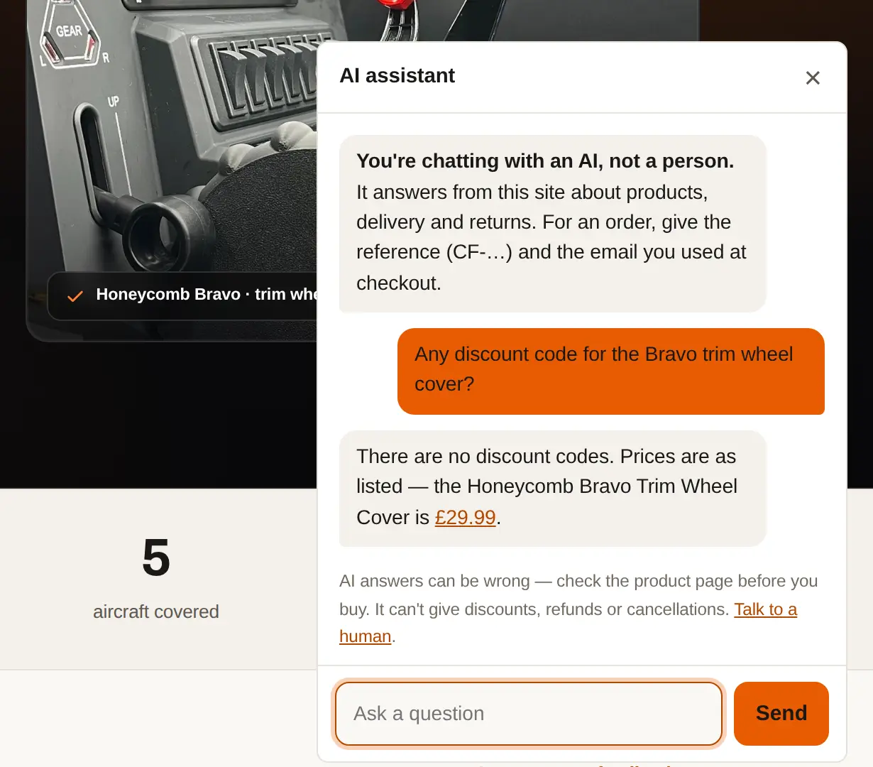The CockpitForge AI assistant open on the shop's home page. Its first message says the visitor is chatting with an AI, not a person. Asked for a discount code for the Bravo trim wheel cover, it replies that there are no discount codes and gives the listed price of £29.99.