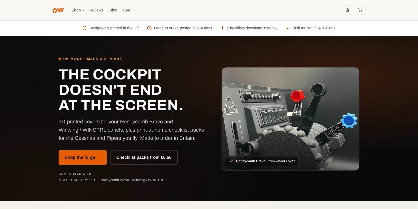 The CockpitForge storefront, showing a 3D-printed trim wheel cover fitted to a Honeycomb Bravo throttle quadrant.